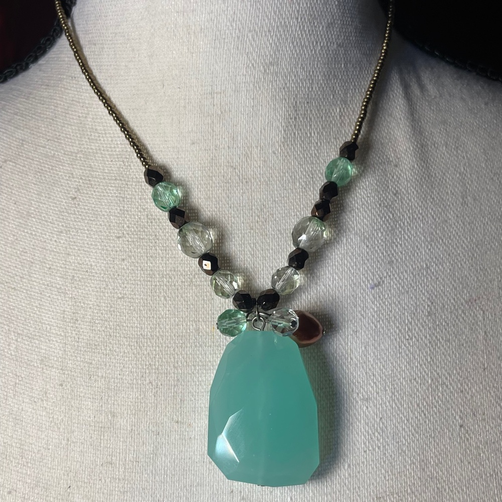 Bronze Bead Necklace With Green Stone